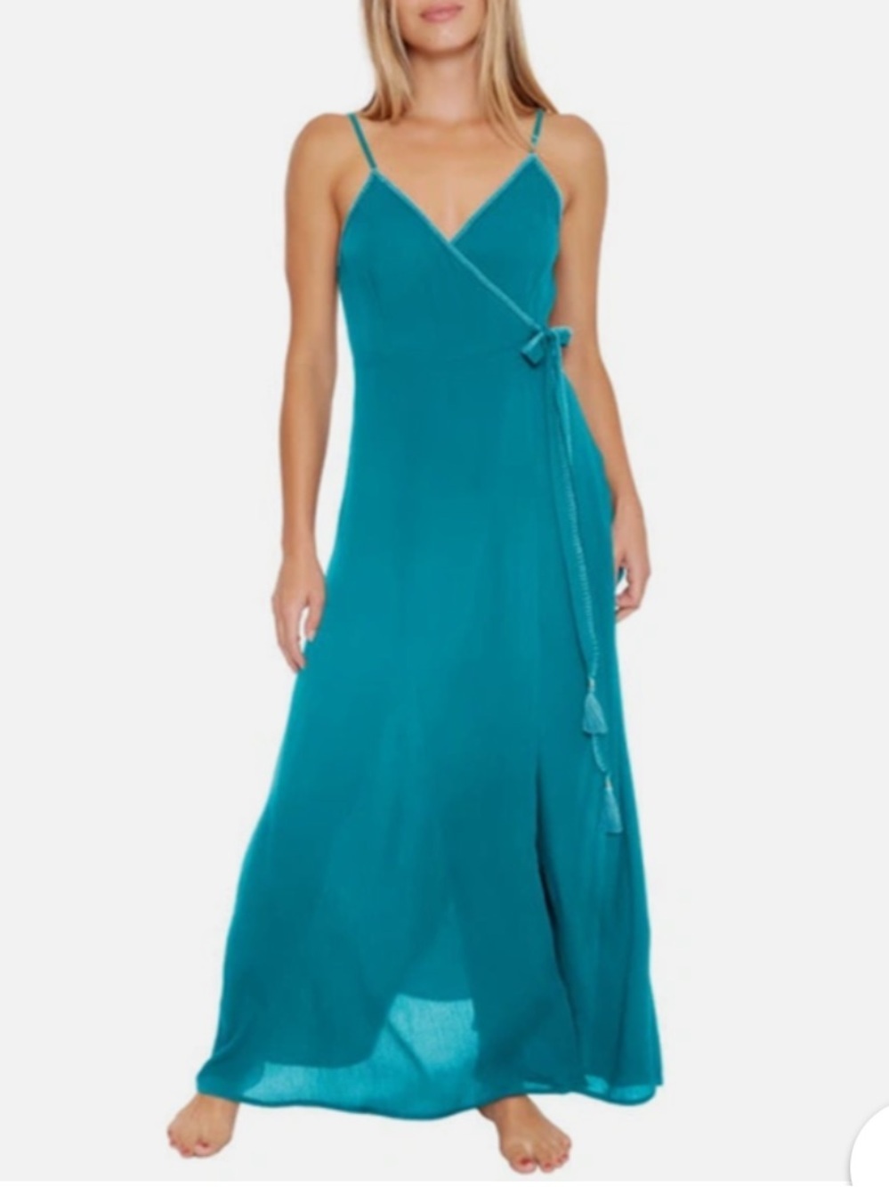 TRINA TURK BRITTANY TASSELED MAXI WRAP DRESS COVER UP BRIGHT TURQUOISE sz S $162